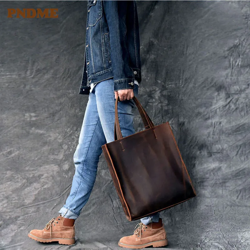 PNDME, простая винтажная мужская сумка-тоут из натуральной кожи, модная повседневная сумка для покупок из воловьей кожи, рабочие сумки, коричневая сумка-тоут - 0