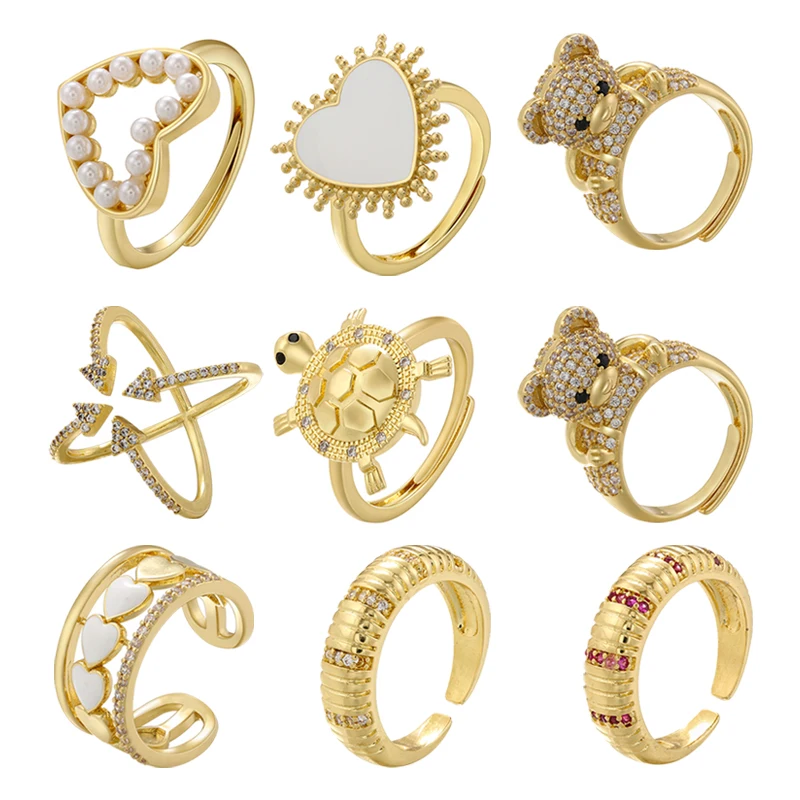 ZHUKOU 7 стилей, женские кольца с сердечками, милый Медведь, черепаха, открывающие кольца, модные кольца для девочек золотого цвета с жемчугом, ювелирные изделия оптом VJ509 - 0