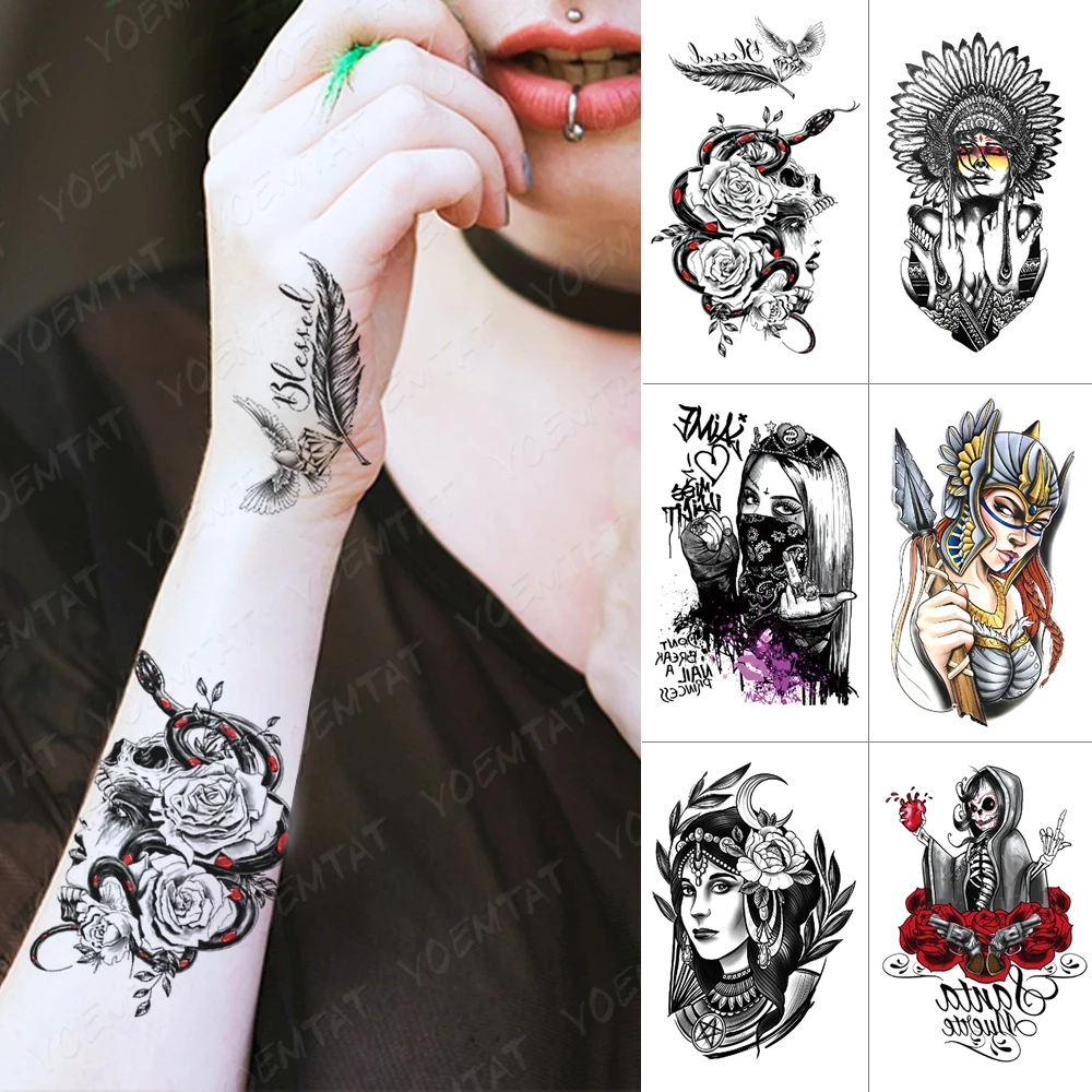 Водонепроницаемая временная татуировка, наклейка, Змея, Роза, Череп, флэш-татуировки, Племя, Крутая девушка, Боди-арт, Рука, Перенос воды, Поддельная татуировка Для женщин - 0