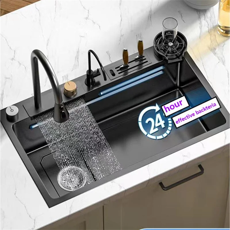 Кухонная Раковина с водопадом из нержавеющей стали 304, Цифровой дисплей, Большая раковина для мытья посуды с многофункциональным сенсорным водопадом - 0