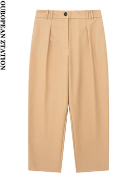 Женская мода 2023 года с вытачками, передними карманами, брюки с прямыми штанинами, винтажные женские брюки на молнии с высокой талией, mujer