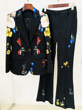 Европа 2023, Осенние модные женские костюмы, высококачественные блейзеры с цветочным принтом, куртки + Черные брюки, комплект из двух предметов F200
