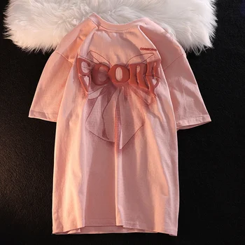 Летняя мягкая футболка из чистого хлопка harajuku с 3D буквенным принтом, футболка с коротким рукавом, женская негабаритная одежда kawaii, Пуловеры, розовые Топы