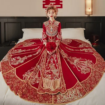 Свадебное платье Невесты с Красными Блестками, бисером и Кисточками, китайский традиционный свадебный костюм Чонсам, Одежда с вышивкой