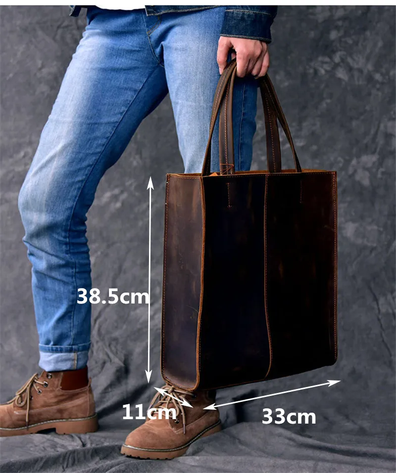 PNDME, простая винтажная мужская сумка-тоут из натуральной кожи, модная повседневная сумка для покупок из воловьей кожи, рабочие сумки, коричневая сумка-тоут - 1