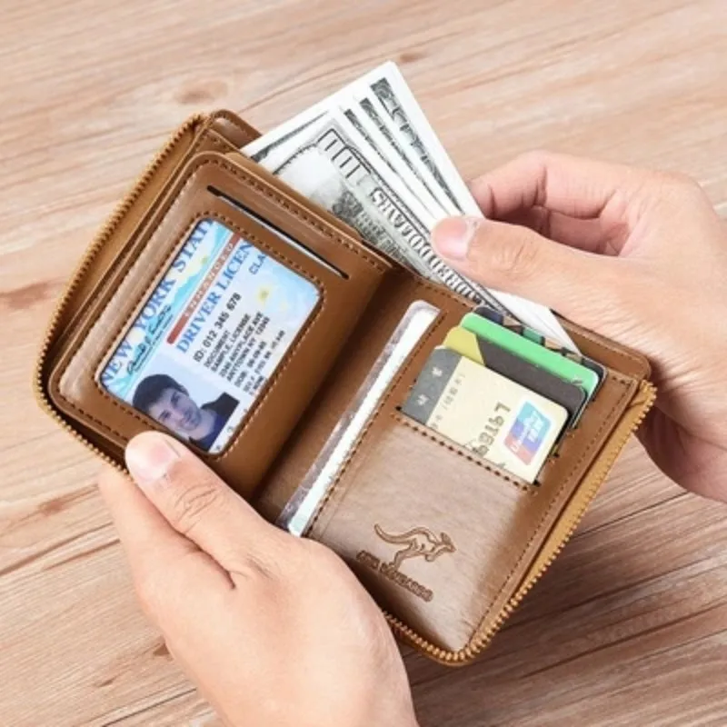 RFID Винтажный деловой чехол-держатель для кредитных карт, Противоугонный Клатч, Короткий мужской кожаный кошелек Большой емкости - 1