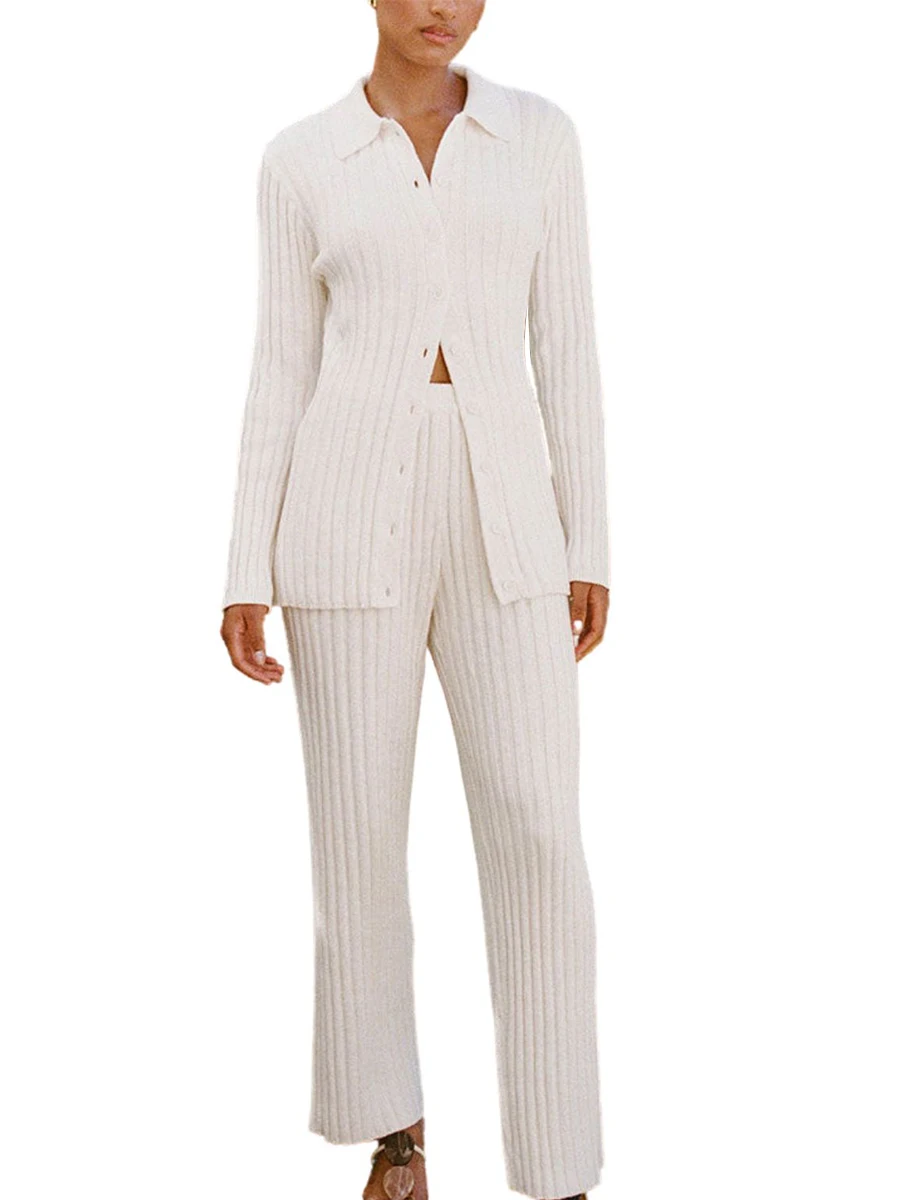 Вязаный Брючный костюм с длинным рукавом, Женский комплект свитеров из 2 предметов, зимние наряды, комплект брюк для Y2k, вязаная уличная одежда - 1