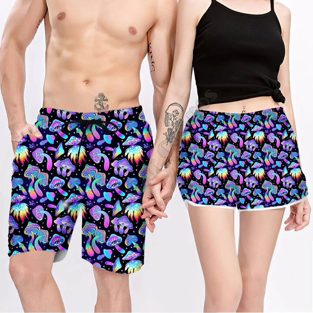 Пара подходящих Психоделических грибных шорт 3D шорты женские для мужчин Шорты с эластичной талией Летняя пара пляжных шорт NSDK03 - 1