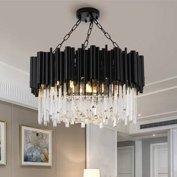 Черная современная люстра для гостиной, роскошная круглая хрустальная лампа, украшение дома, цепочка светодиодных светильников cristal