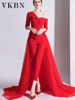 VKBN Красные Свадебные Брючные костюмы, Женские роскошные модные Брючные костюмы с одним плечом, Банкетный комплект из 3 шт.