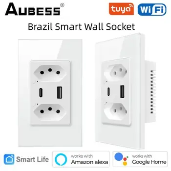 Умная розетка Tuya WiFi, Бразилия, умный дом, дистанционное управление, независимый интерфейс USB Type-c, закаленное стекло через Alexa Google Home