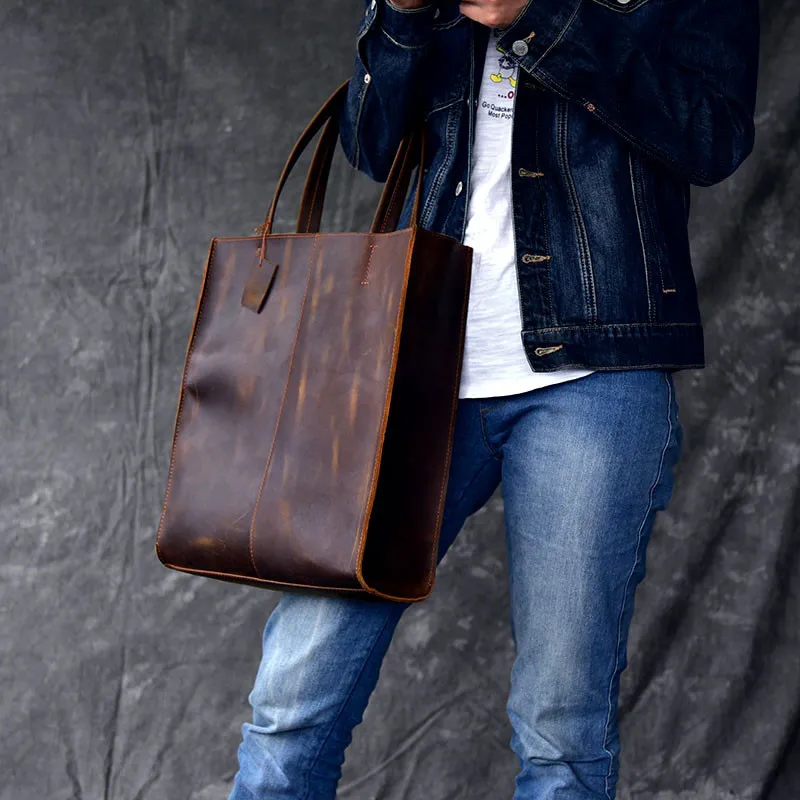 PNDME, простая винтажная мужская сумка-тоут из натуральной кожи, модная повседневная сумка для покупок из воловьей кожи, рабочие сумки, коричневая сумка-тоут - 2