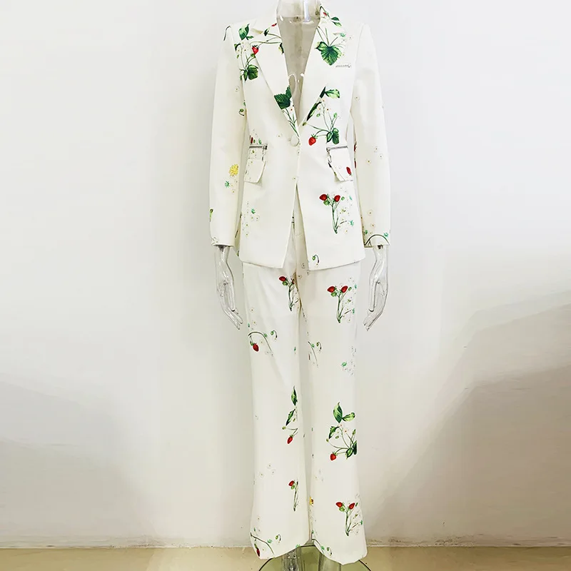 Модный Элегантный повседневный костюм с принтом клубники 2023 года, пиджак + широкие брюки, Комплект женских блейзеров из двух предметов - 2