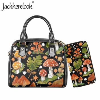 Jackherelook Сумка через плечо с принтом свежих лесных грибов, кошелек, комплект из 2 предметов для дам, Модная кожаная сумка-мессенджер, женская сумка