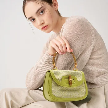Jenny & Dave 2023, Французская модная сумка-мессенджер, Женская Офисная Элегантная Плетеная бамбуковая Винтажная седельная сумка в стиле пэчворк