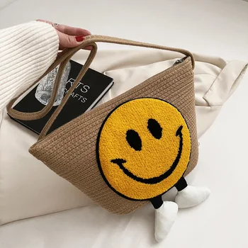 Женская сумка из травяной ткани 2023, Новая модная сумка на плечо с вышивкой в виде улыбающегося лица, тканая сумка ручной работы для отдыха, пляжная сумка