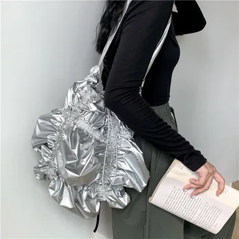 Глянцевая Плиссированная Облачная сумка, Стеганые женские Дизайнерские сумки, Модные Мягкие сумки через плечо для женщин, Роскошная сумка на шнурке