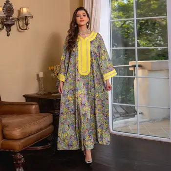 Рамадан Ид Джалабия Платье-Хиджаб для Женщин с Винтажным Принтом Абая Дубай Турция Мусульманская Мода Бриллианты Скромные Вечерние Платья 2023