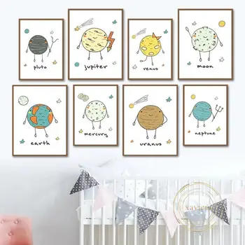 Мультфильм Вселенная Холст Картина Земля Луна Солнечная система Космическая планета Плакат Детские Настенные художественные картины для декора детской комнаты