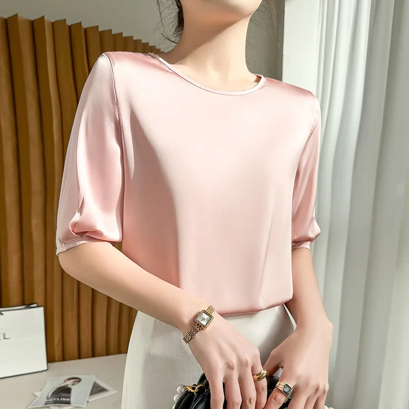 Женский корейский модный женский топ, летняя женская футболка из ледяного шелка, свободная роскошная футболка с круглым вырезом и короткими рукавами - 3
