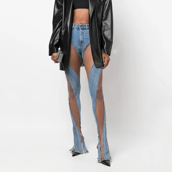 Сексуальные нишевые джинсы для женщин, новый осенний спиральный полый сетчатый дизайн с ощущением прострочки и тренд на брюки с разрезом