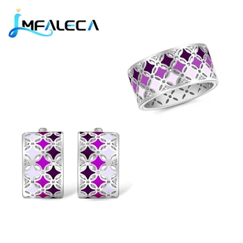 LMFALECA, комплект серебряных сережек-колец для женщин, серебро 925 пробы, фиолетовые серьги-клипсы с эмалью, кольцо, изысканные свадебные украшения, подарок