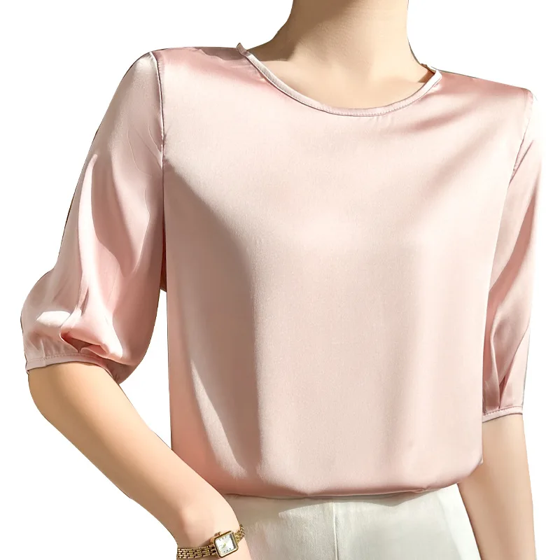 Женский корейский модный женский топ, летняя женская футболка из ледяного шелка, свободная роскошная футболка с круглым вырезом и короткими рукавами - 4