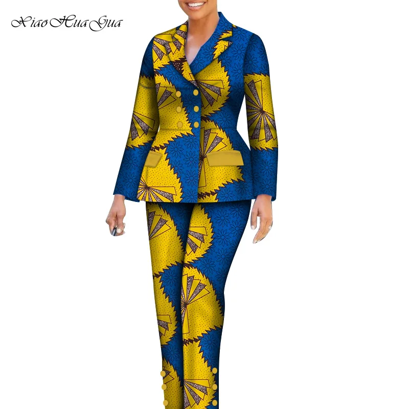 Комплект из 2 предметов, Женские Африканские Брюки, Блейзер с африканским принтом, пальто и Длинные Брюки, Костюмы, Женский Комплект Африканской Одежды, Плюс Размер WY7357 - 4