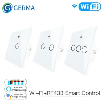 WiFi Умный переключатель стеклянной панели, приложение Tuya, дистанционное управление, Работа с Alexa Echo Google Home RF433 EU Type White Touch 1/2/3 Gang
