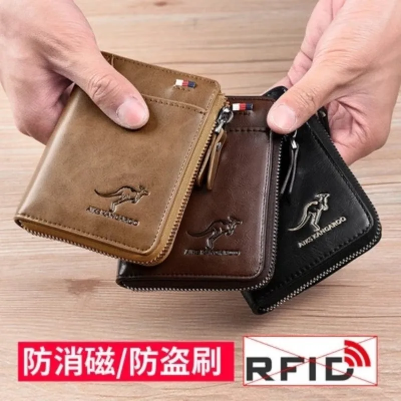 RFID Винтажный деловой чехол-держатель для кредитных карт, Противоугонный Клатч, Короткий мужской кожаный кошелек Большой емкости - 5