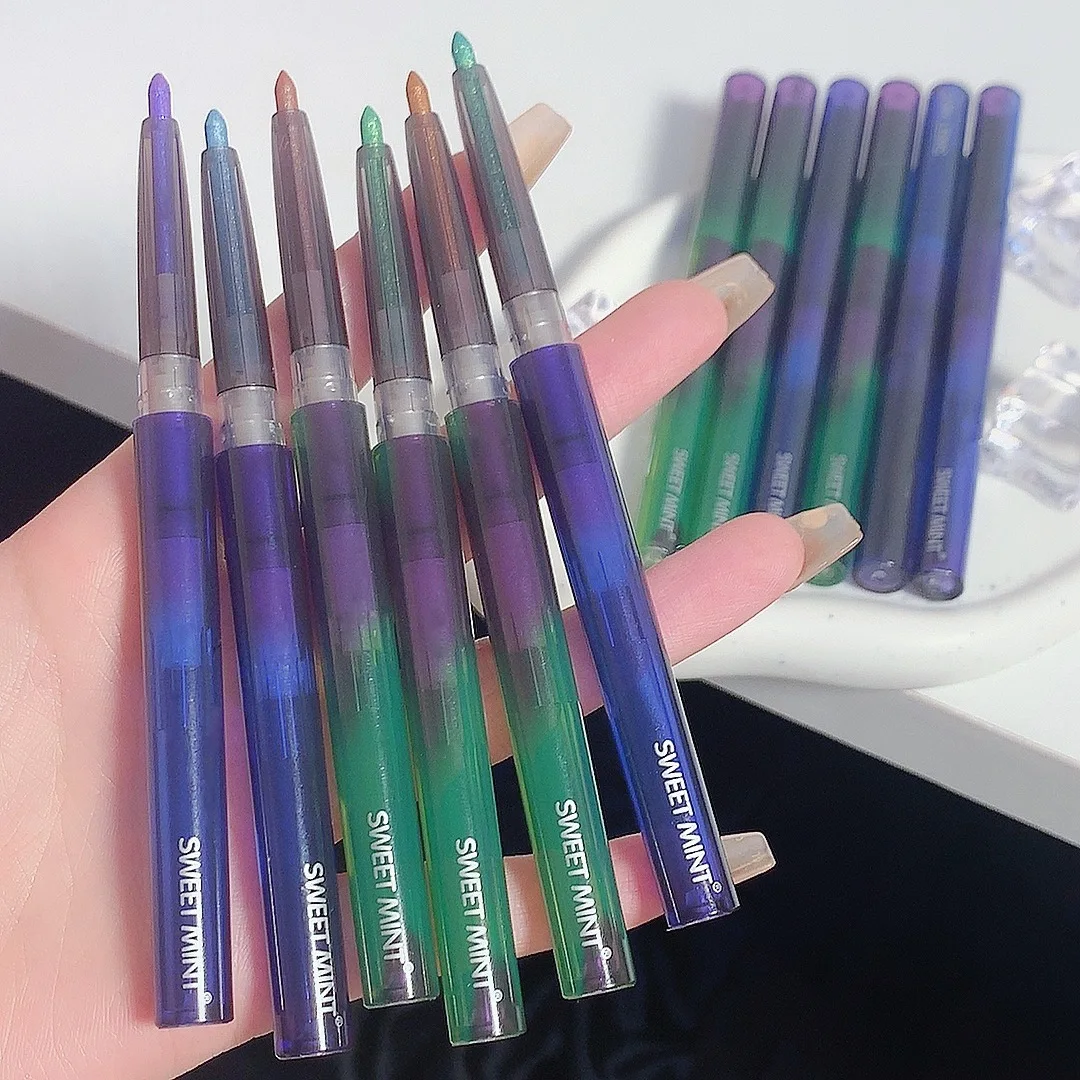 Водонепроницаемый блестящий зелено-синий карандаш для подводки глаз, золотисто-фиолетовые блестящие тени для век, ручка-шелкопряд, косметический инструмент для женщин, инструмент для макияжа - 5