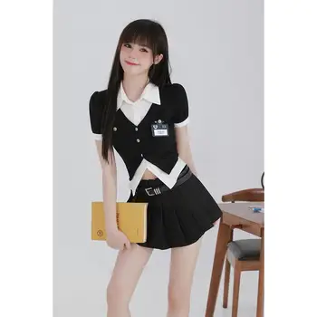 Корейский комплект в стиле колледжа, Женская Летняя новинка 2023, Нерегулярная Рубашка с высокой талией, Тонкая Плиссированная юбка, Наряды из двух частей