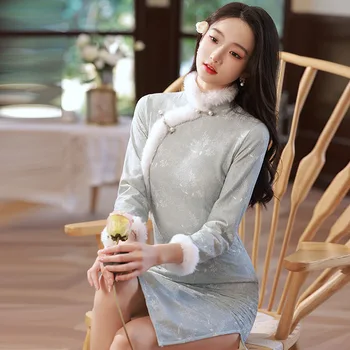 Утолщенный плюш Cheongsam, новинка зимы и весны 2023, модифицированная версия, маленькое свежее платье в китайском стиле, повседневная мода для женщин в стиле ретро