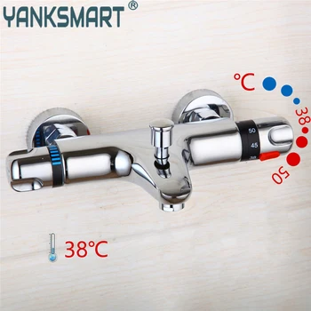 YANKSMART Термостатический Регулирующий Клапан для ванны и душа, Нижний кран, Настенный Хромированный смеситель для ванной комнаты с двумя розетками