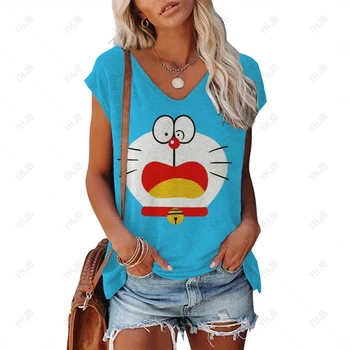 Женский жилет с принтом Doraemon, Летняя футболка с V-образным вырезом и коротким рукавом, Свободная модная футболка для женщин в стиле Харадзюку, повседневный топ, Женская одежда